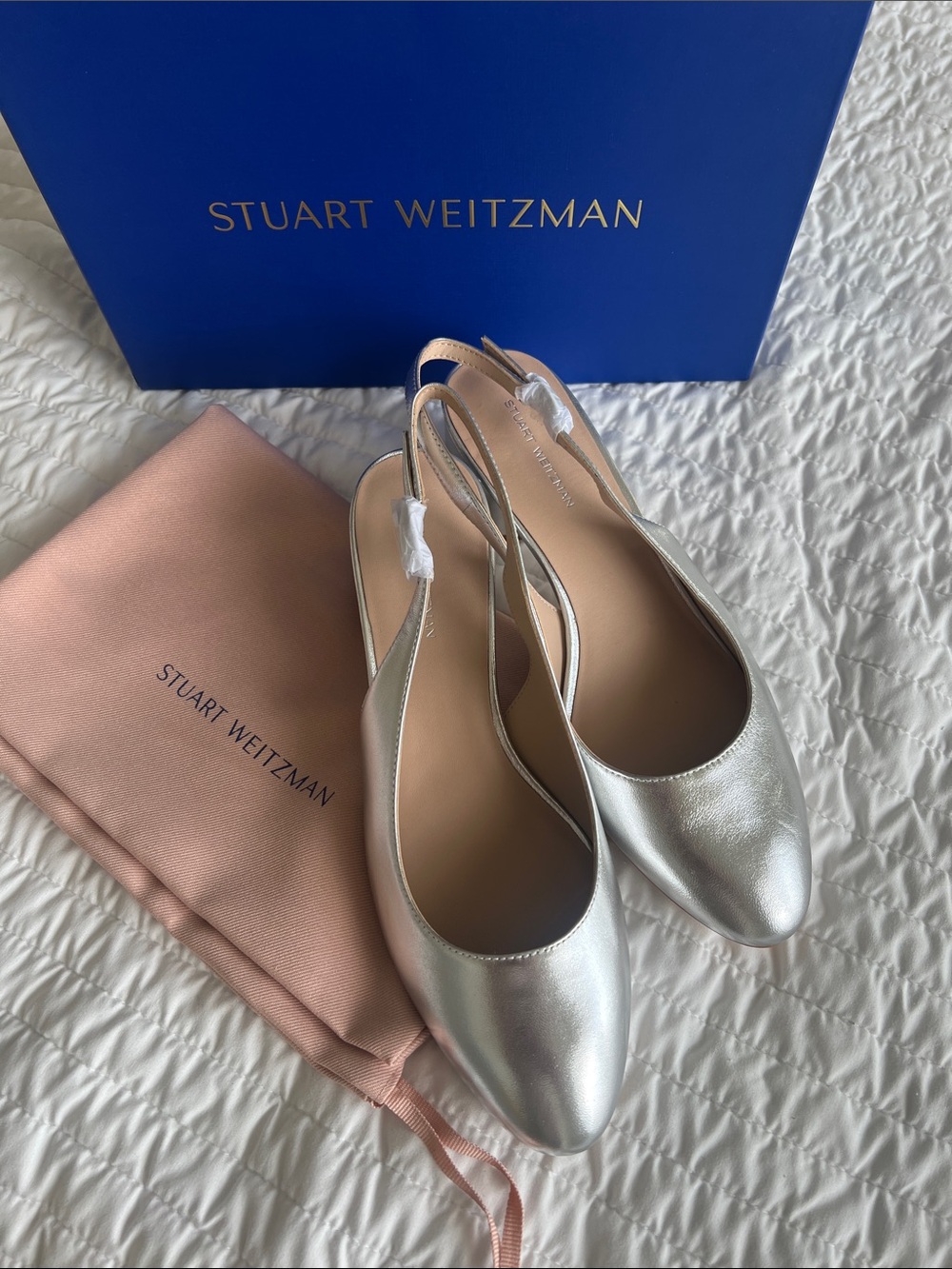 Stuart Weitzman Bridget Metallic Silver Slingback Flats size 10 New in Box